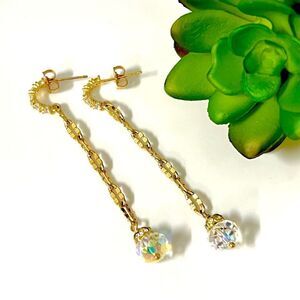 Swarovski Crystal long drop earrings on gold huggie hoops